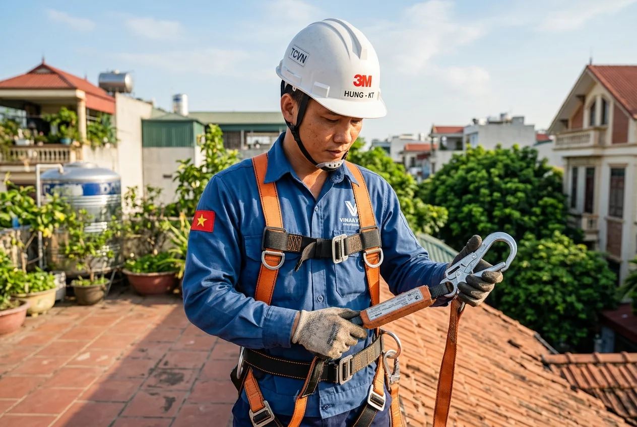 An toàn lao động cao độ khi lau kính tòa nhà Kỹ thuật viên lau kính tòa nhà Hạ Long với đầy đủ thiết bị bảo hộ cá nhân cao độ