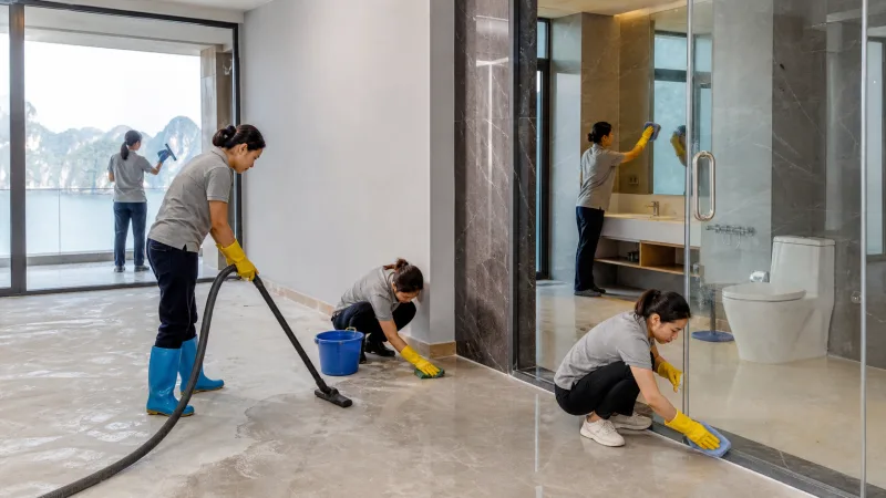 Hạng mục vệ sinh sau xây dựng tại Hạ Long Các hạng mục vệ sinh sau xây dựng tại Hạ Long - tẩy bụi xi măng, keo silicon, lau kính và sàn trước bàn giao