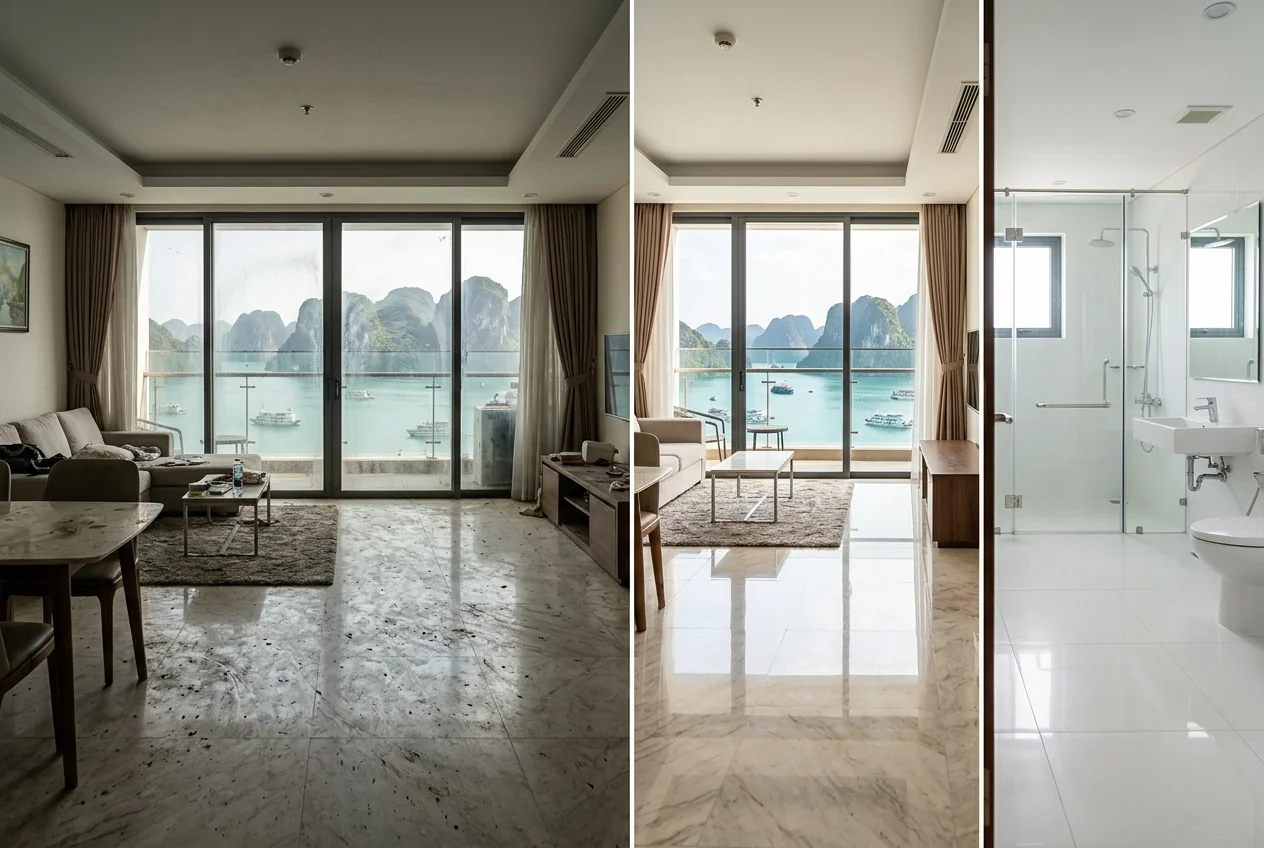 Kết quả tổng vệ sinh nhà ở trước và sau Kết quả tổng vệ sinh nhà ở Hạ Long - sàn đá sáng bóng, kính trong suốt, phòng tắm sạch mạch gạch