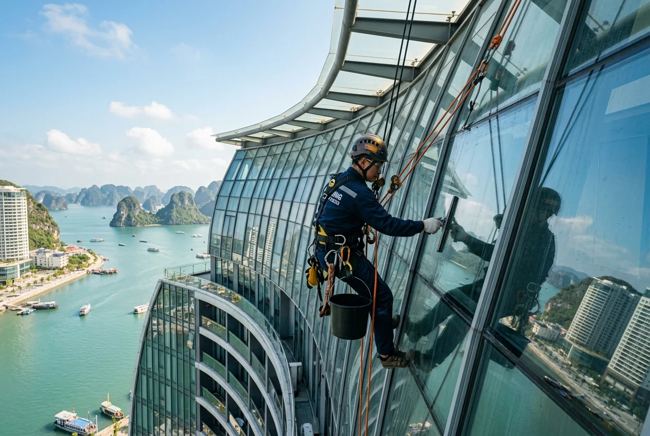 Rope access lau kính mặt ngoài công trình Hạ Long Kỹ thuật viên rope access lau kính mặt ngoài công trình phức tạp tại Hạ Long