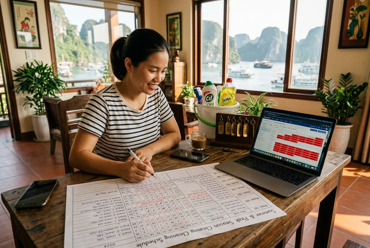 Lịch vệ sinh homestay theo mùa du lịch Hạ Long - phục vụ 7 ngày tuần, nhận lịch cùng ngày theo occupancy OTA
