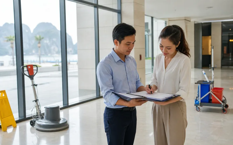Biên bản nghiệm thu vệ sinh công nghiệp Hạ Long Biên bản nghiệm thu vệ sinh công nghiệp Hạ Long - ghi rõ khu vực, hạng mục, kết quả và chữ ký hai bên