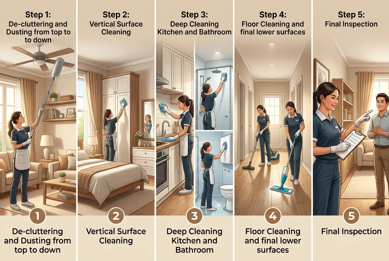 Quy trình tổng vệ sinh nhà ở chuyên nghiệp Quy trình tổng vệ sinh nhà ở Hạ Long 5 bước - khảo sát, bảo vệ đồ đạc, làm từ trên xuống, xử lý theo khu vực, kiểm tra bàn giao
