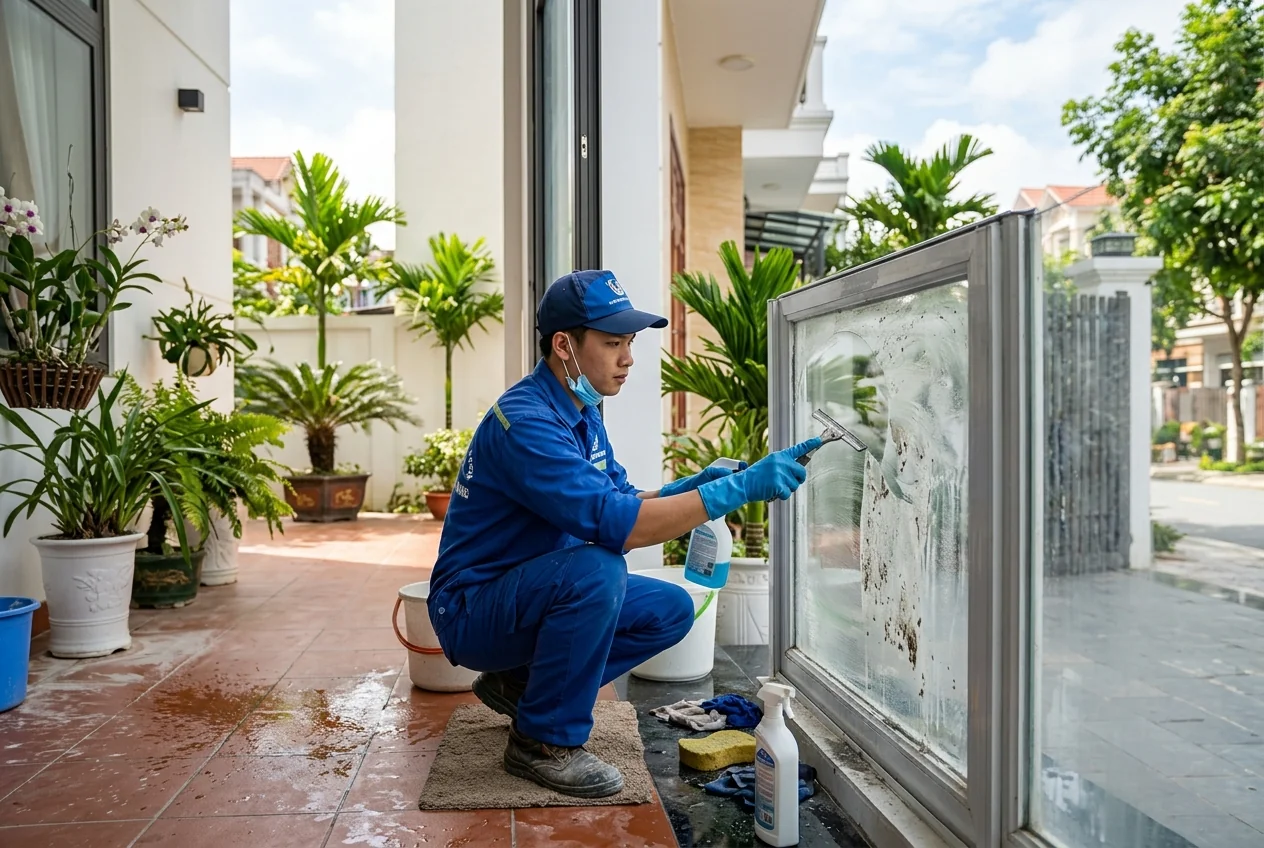 Tẩy bụi xi măng và keo silicon sau xây dựng tại Hạ Long Tẩy bụi xi măng trên kính và bề mặt công trình mới xây tại Hạ Long