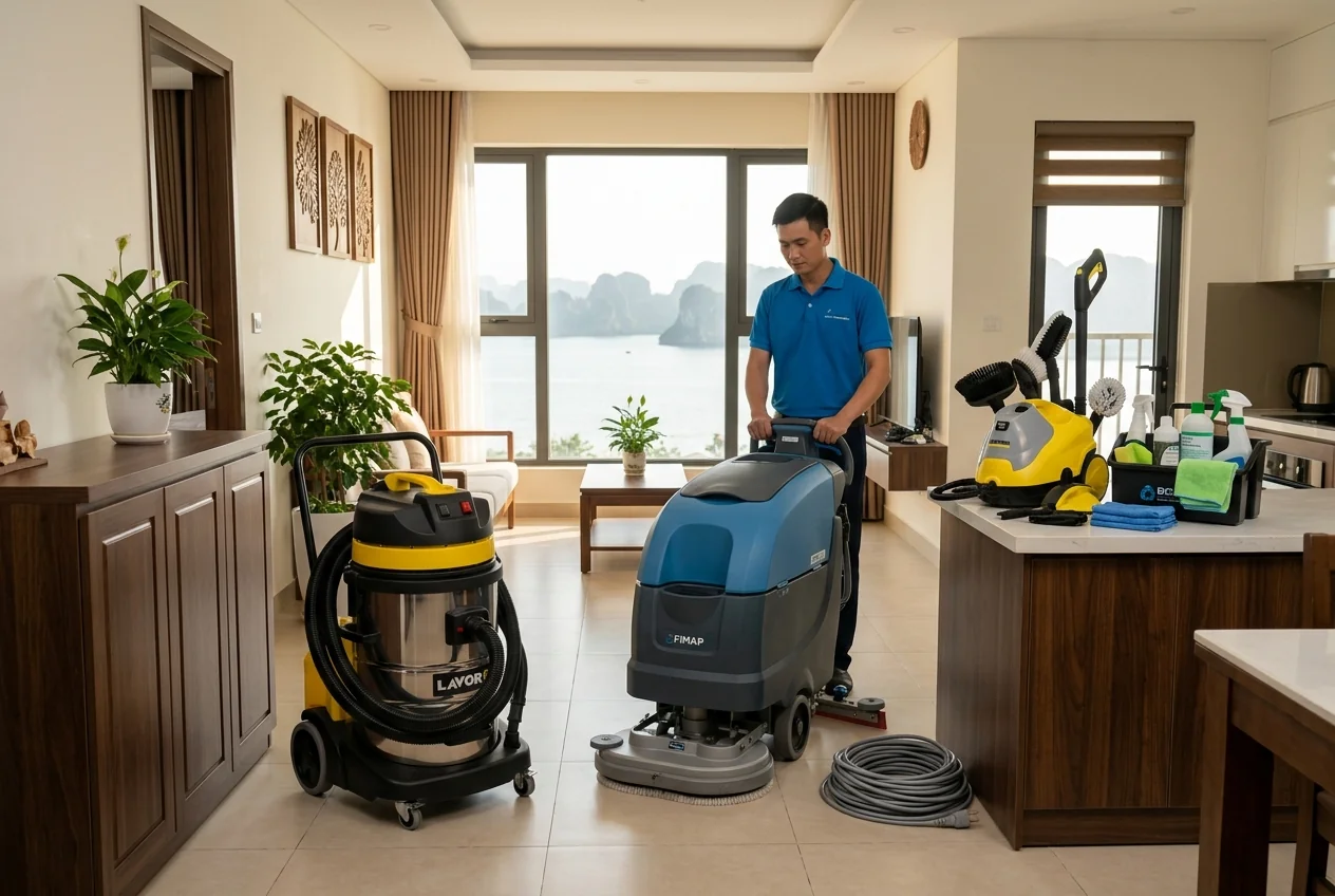 Thiết bị và đội ngũ vệ sinh công nghiệp Quảng Ninh