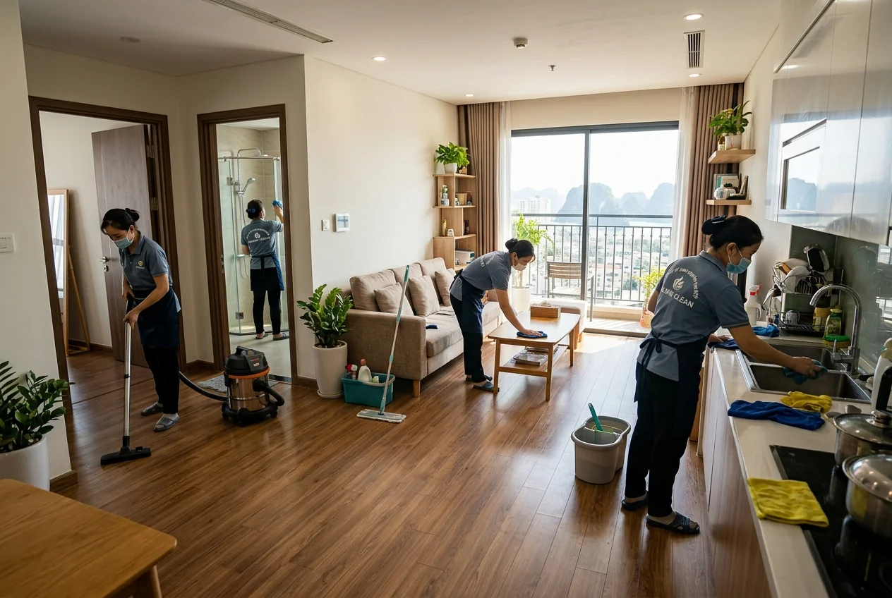Dịch vụ tổng vệ sinh nhà ở Hạ Long Đội tổng vệ sinh nhà ở tại Hạ Long - làm sạch toàn bộ sàn, kính, bếp, phòng tắm trong một lần