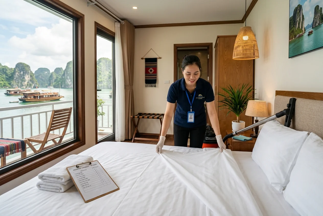 Kỹ thuật viên vệ sinh thay ga gối và dọn phòng homestay Hạ Long giữa lượt khách - checklist đầy đủ trước giờ check-in