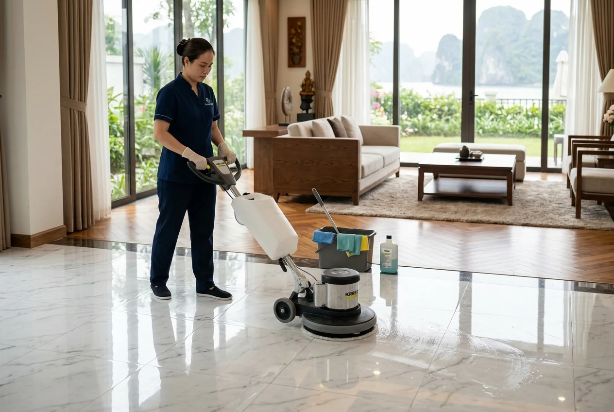 Xử lý bề mặt cao cấp - marble, gỗ tự nhiên và đá ốp tường Vệ sinh sàn marble và gỗ tự nhiên biệt thự Hạ Long đúng hóa chất theo từng loại vật liệu