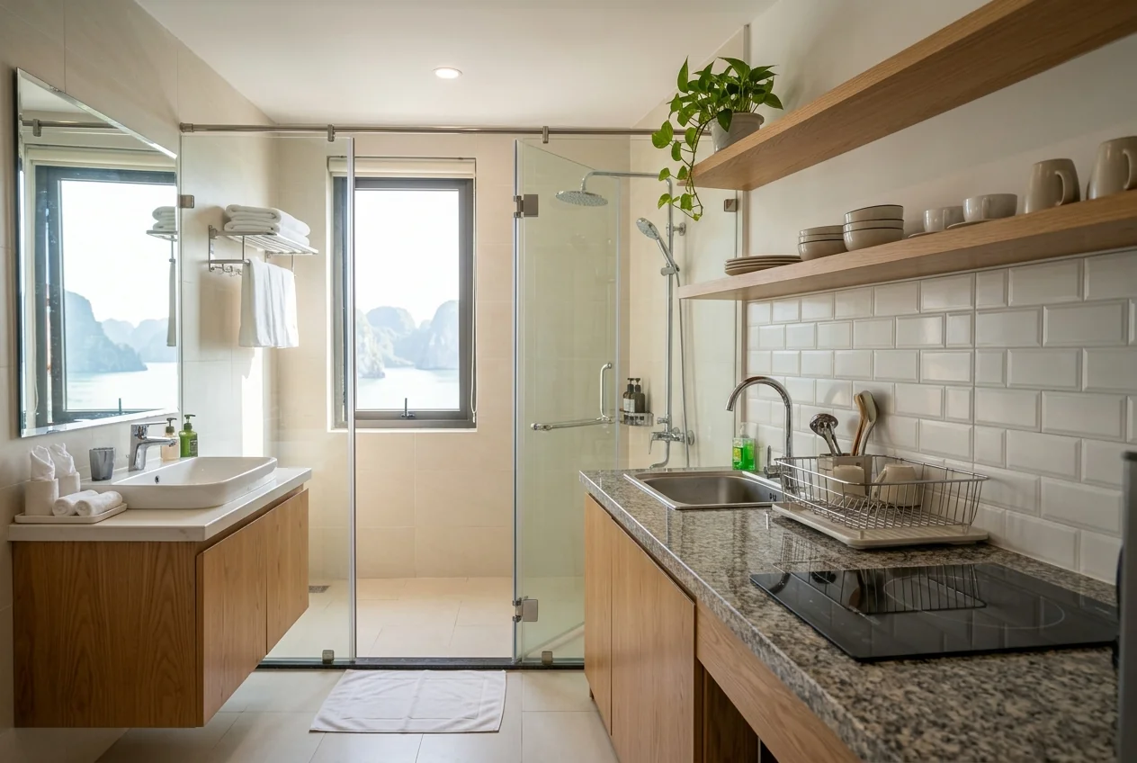 Vệ sinh phòng tắm và bếp homestay Hạ Long - tẩy cặn vôi vòi sen, lau mặt bếp sạch dầu mỡ, thay khăn mới trước check-in