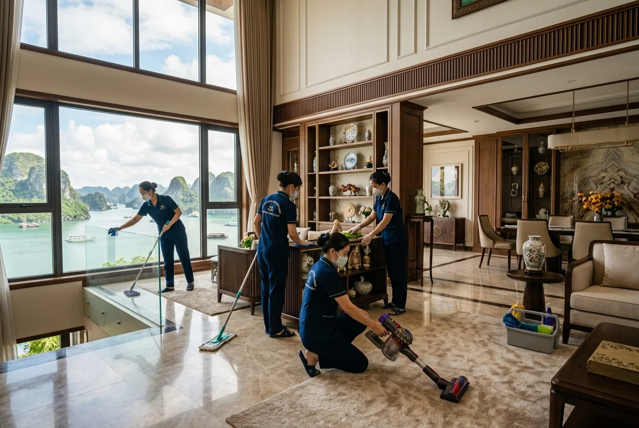 Vệ sinh biệt thự Hạ Long - Vinhomes, FLC, Tuần Châu Dịch vụ vệ sinh biệt thự tại Hạ Long - nội thất, sân vườn, bể bơi và bề mặt cao cấp