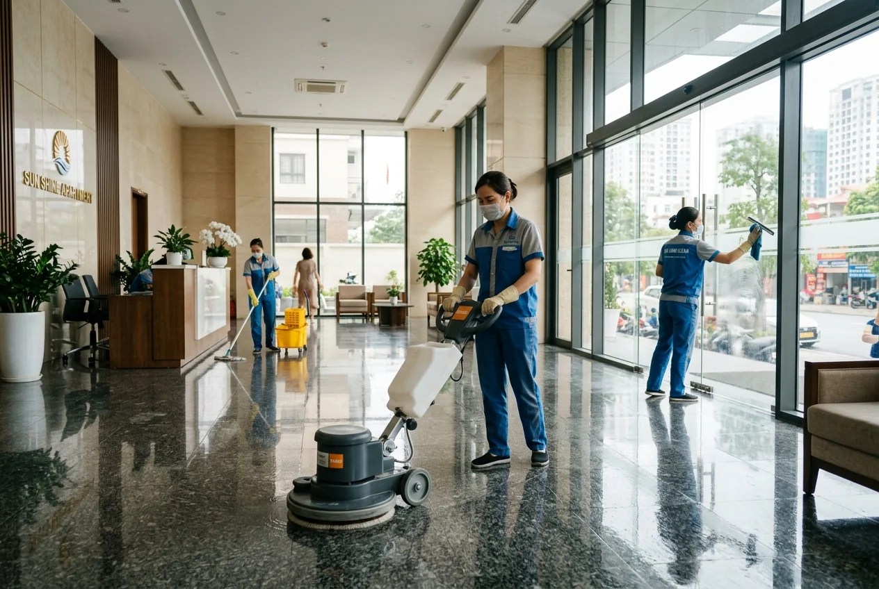 Dịch vụ vệ sinh chung cư và tòa nhà Hạ Long Đội vệ sinh làm sạch sảnh chung cư tại Hạ Long - sàn đá sáng bóng, kính cửa sảnh trong suốt