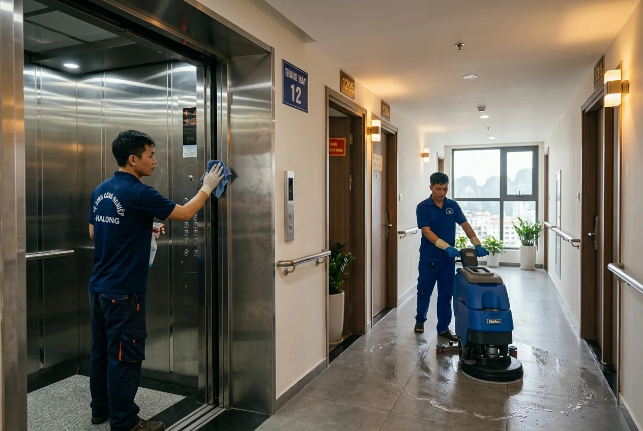 Vệ sinh hành lang và thang máy chung cư chuyên nghiệp Vệ sinh hành lang và thang máy chung cư Hạ Long - lau inox bằng hóa chất trung tính, sàn hành lang cọ máy