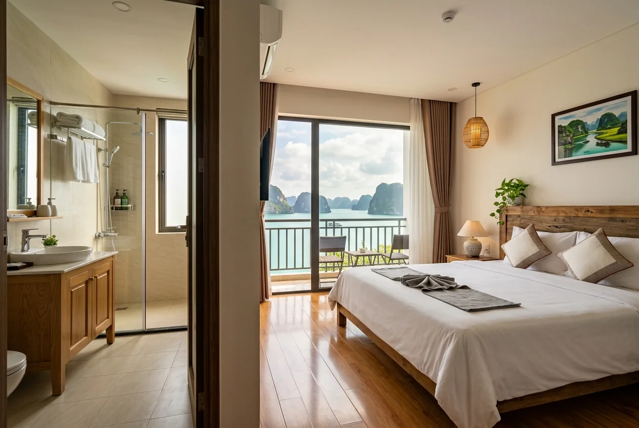 Phòng homestay tại Hạ Long sau khi vệ sinh turnover - ga gối thẳng, sàn sạch, phòng tắm gọn gàng chuẩn check-in