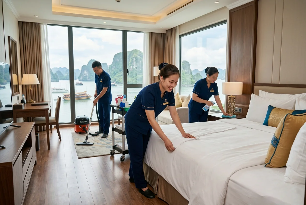 Vệ sinh khách sạn Hạ Long - Chuyên nghiệp, đạt tiêu chuẩn hospitality Đội ngũ vệ sinh chuyên nghiệp đang thực hiện dịch vụ tại khách sạn Hạ Long