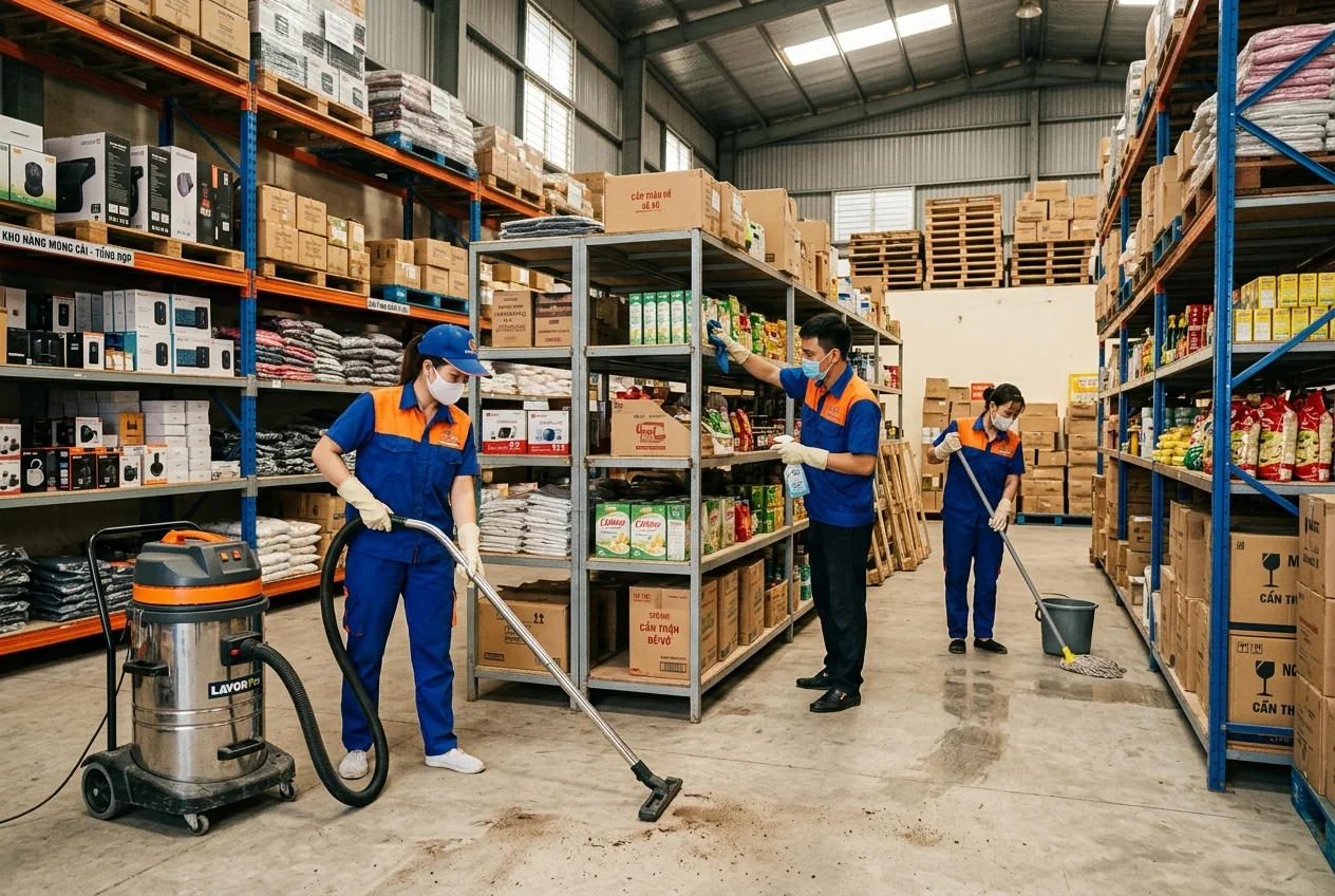 Vệ sinh kho hàng và kho ngoại quan tại Móng Cái Vệ sinh kho hàng và kho ngoại quan tại Móng Cái, Quảng Ninh - bụi hàng hóa và sàn kho diện tích lớn