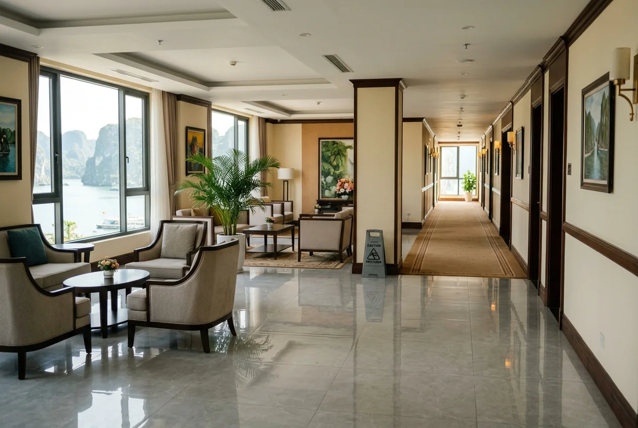 Vệ sinh khu công cộng khách sạn Hạ Long Vệ sinh sảnh và hành lang khu công cộng khách sạn tại Hạ Long