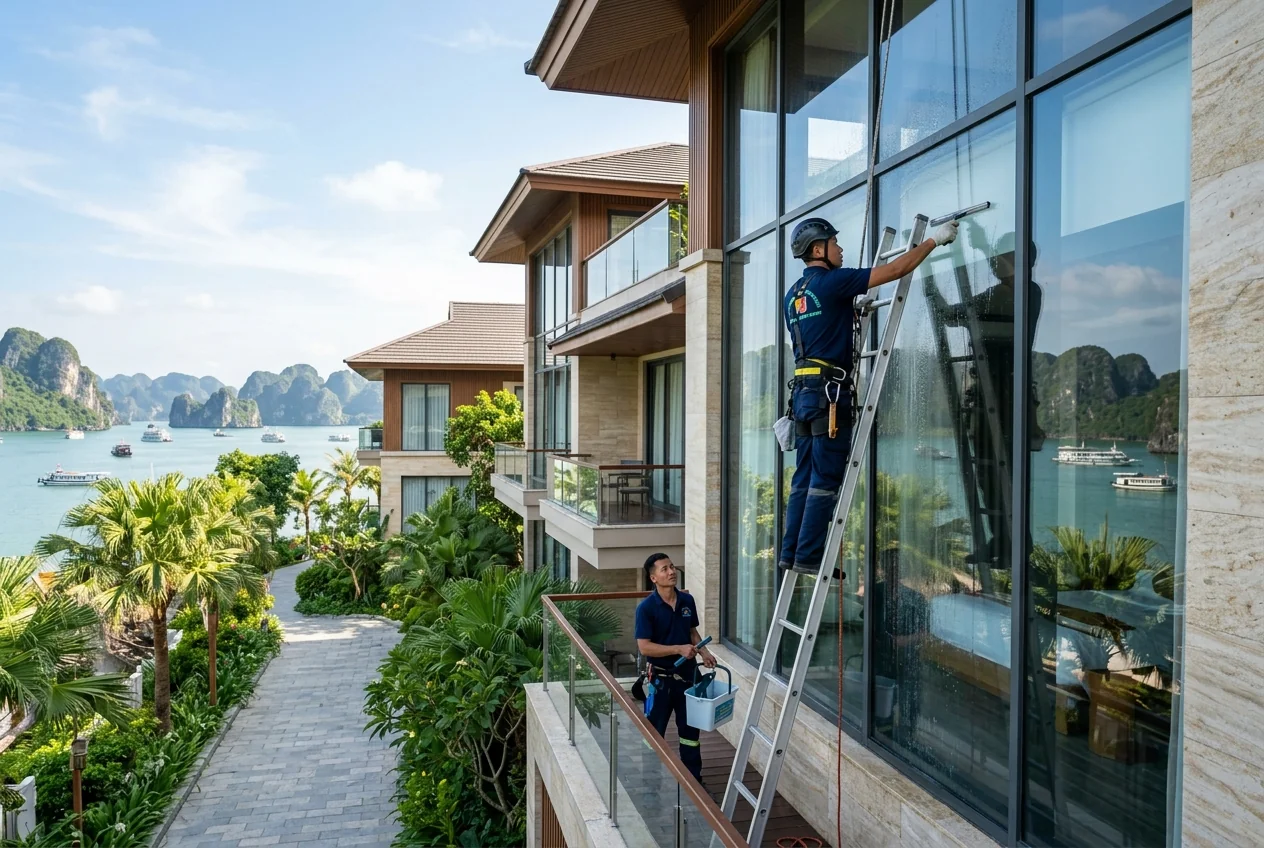 Vệ sinh kính mặt tiền resort tại Hạ Long Vệ sinh kính mặt tiền resort cao tầng ven Vịnh Hạ Long