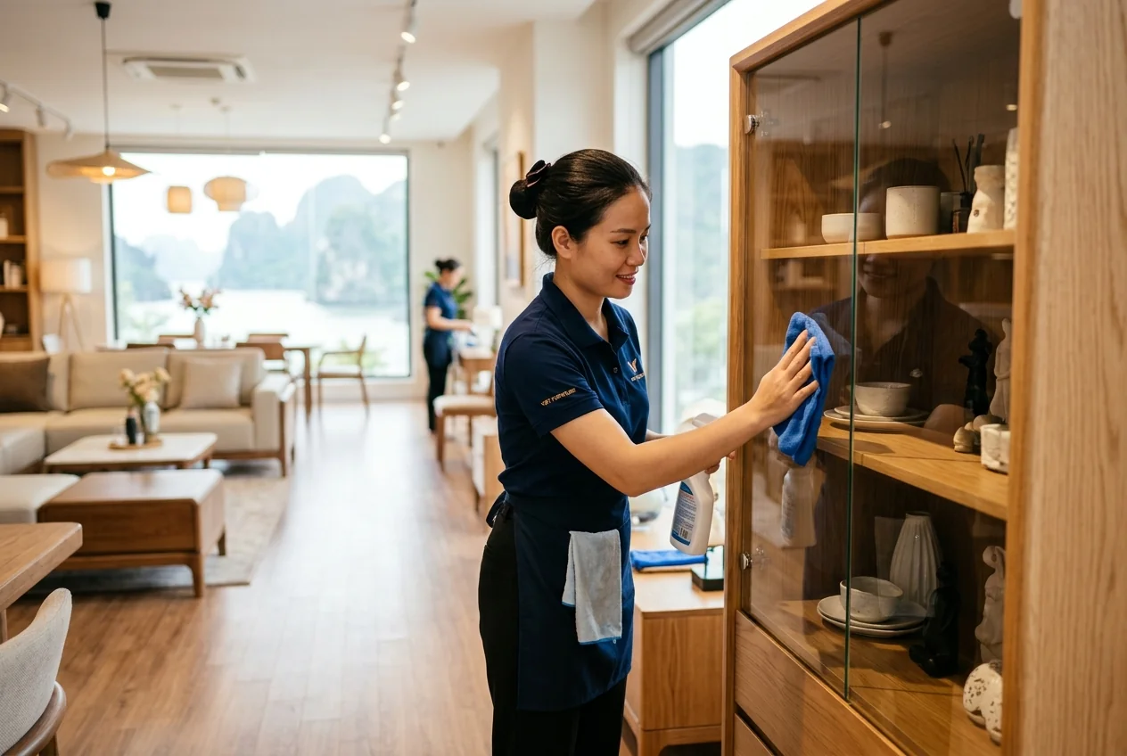 Vệ sinh kính tủ trưng bày showroom Hạ Long Nhân viên đang vệ sinh kính tủ trưng bày showroom - không để lại vệt, trong suốt hoàn toàn
