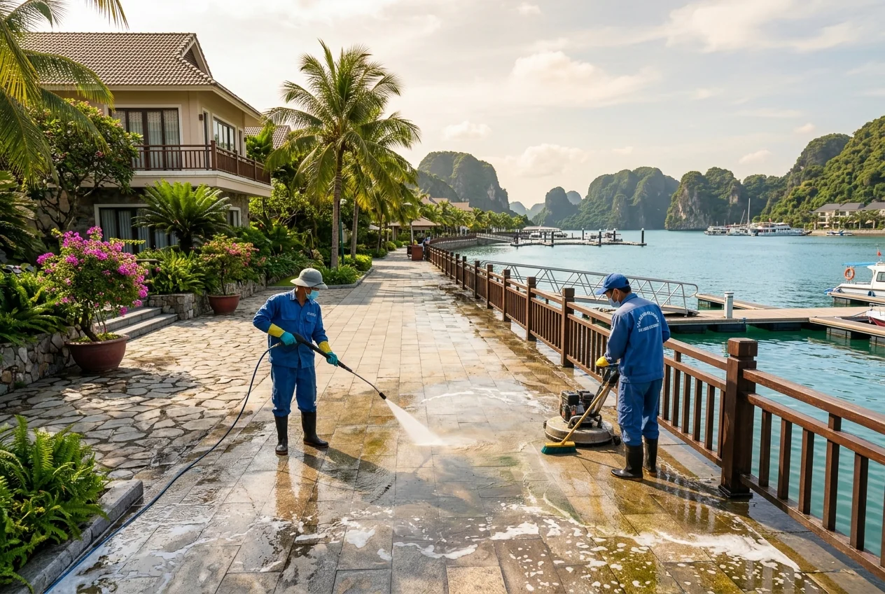 Xử lý muối biển, rong rêu và bề mặt ngoại thất ven nước tại Tuần Châu Vệ sinh ngoại thất ven nước và xử lý muối biển tại đảo Tuần Châu, Hạ Long