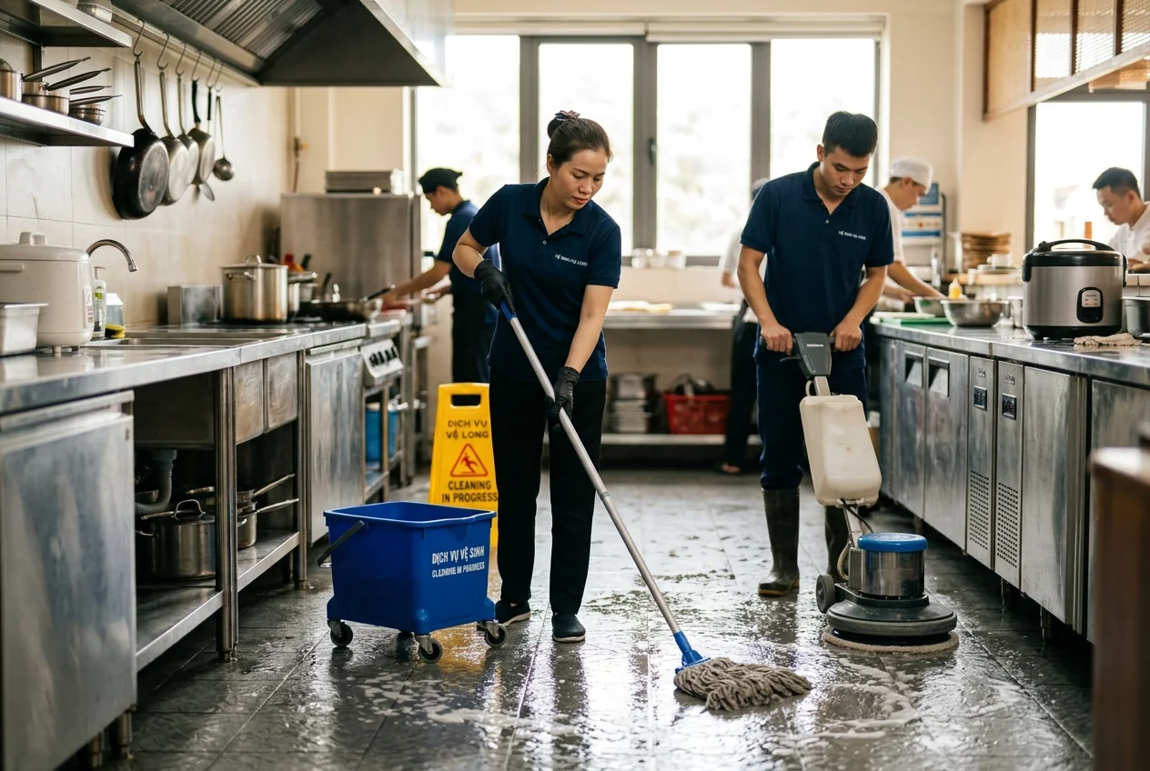 Vệ sinh nhà hàng và khu bếp tại Bãi Cháy theo tiêu chuẩn an toàn thực phẩm Vệ sinh nhà hàng hải sản tại Bãi Cháy, Hạ Long - bếp, sàn và khu ăn uống
