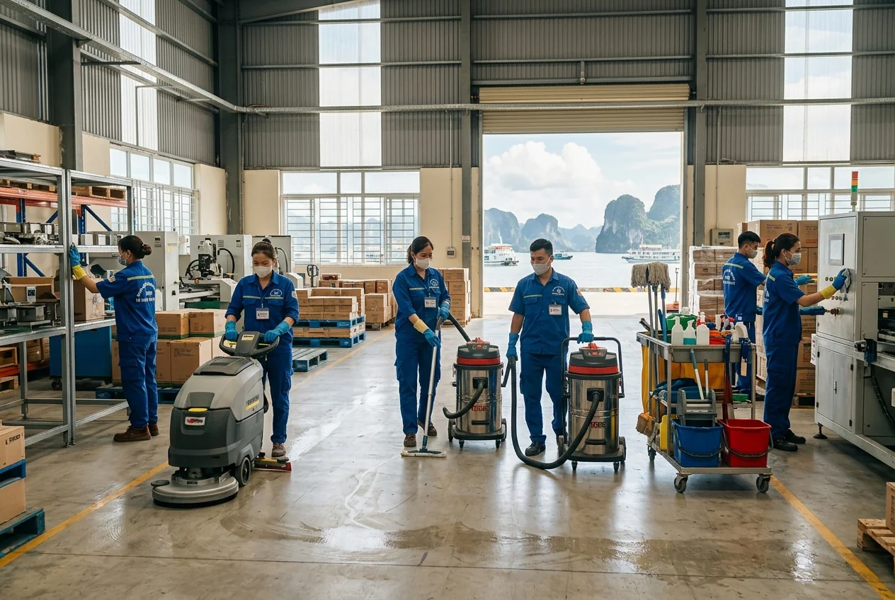 Vệ sinh nhà xưởng Hạ Long - Thiết bị công nghiệp chuyên dụng Đội ngũ vệ sinh nhà xưởng chuyên nghiệp đang làm việc tại Hạ Long, Quảng Ninh