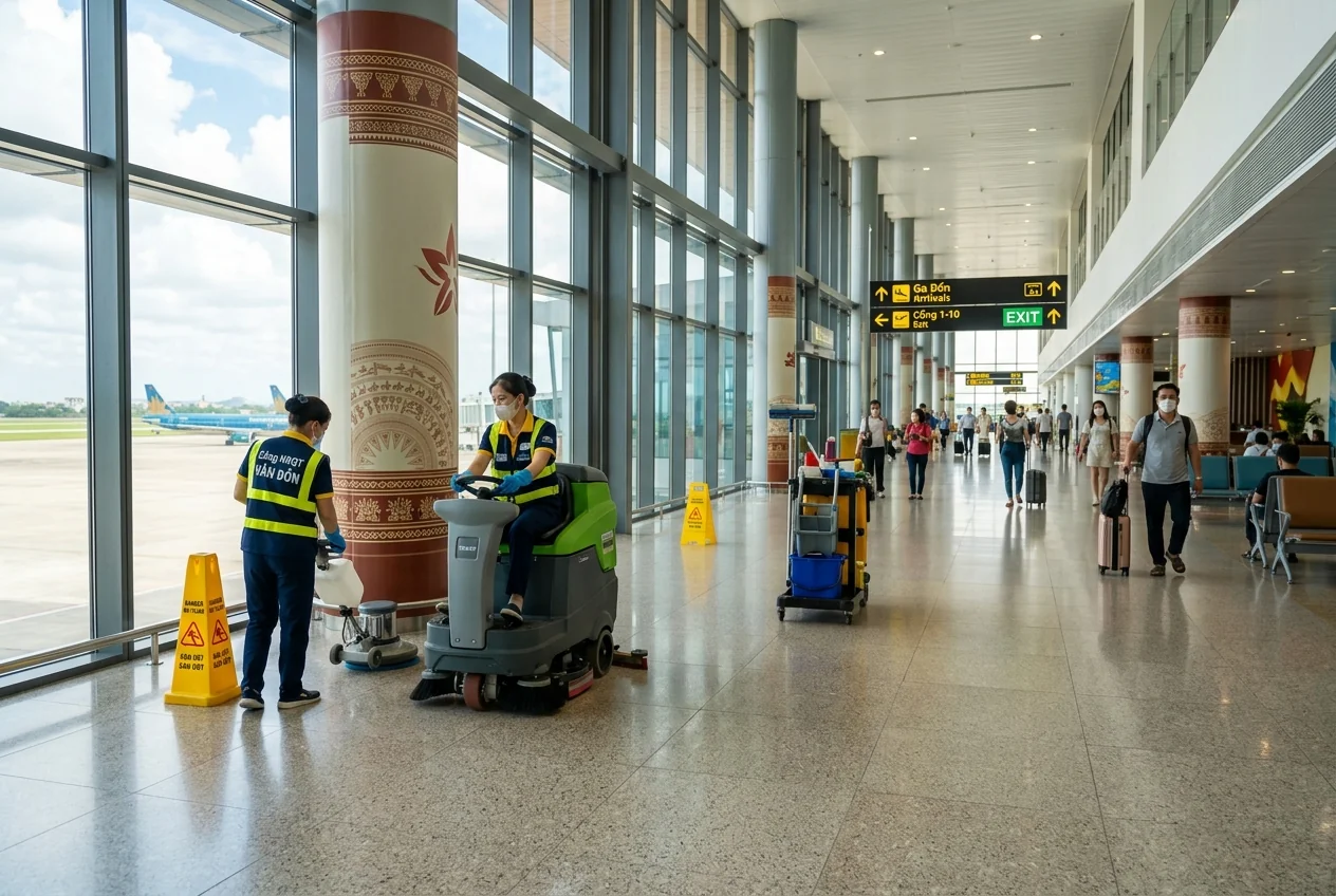 Vệ sinh sân bay quốc tế Vân Đồn - nhà ga hành khách, khu vực check-in và công cộng