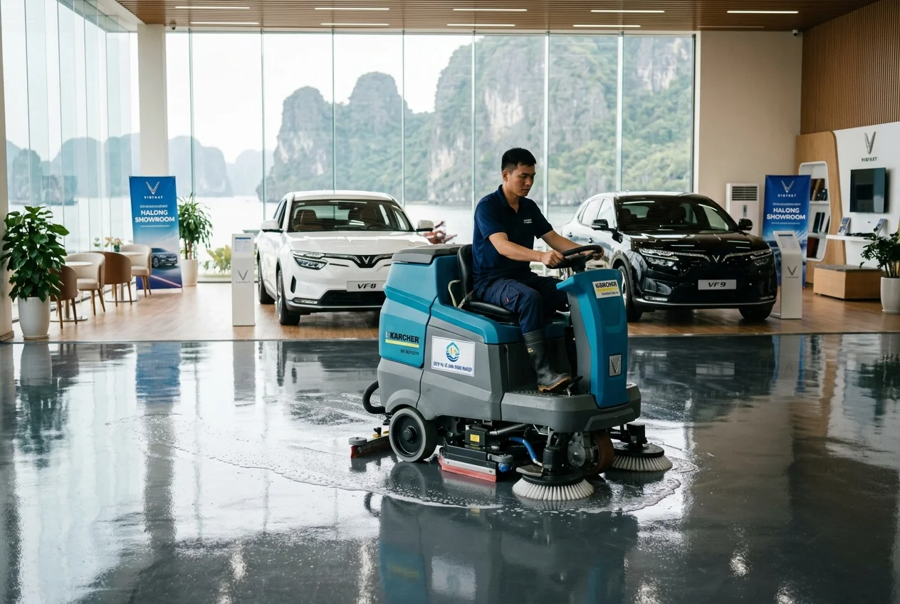 Vệ sinh sàn epoxy showroom xe hơi Hạ Long Máy chà sàn epoxy showroom xe hơi tại Hạ Long - tẩy vết dầu nhớt không làm mờ bề mặt