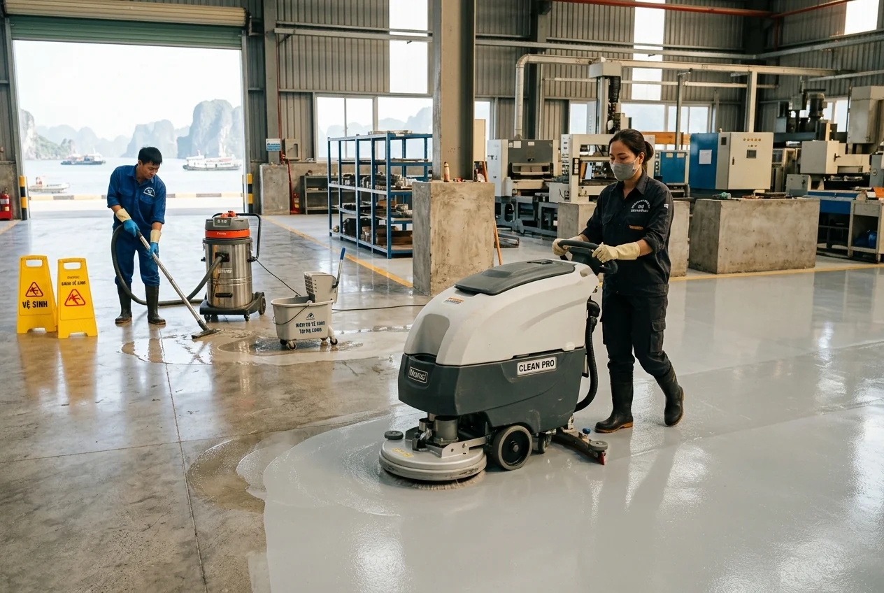 Vệ sinh sàn nhà xưởng công nghiệp Hạ Long Vệ sinh sàn nhà xưởng công nghiệp tại Hạ Long bằng máy chuyên dụng