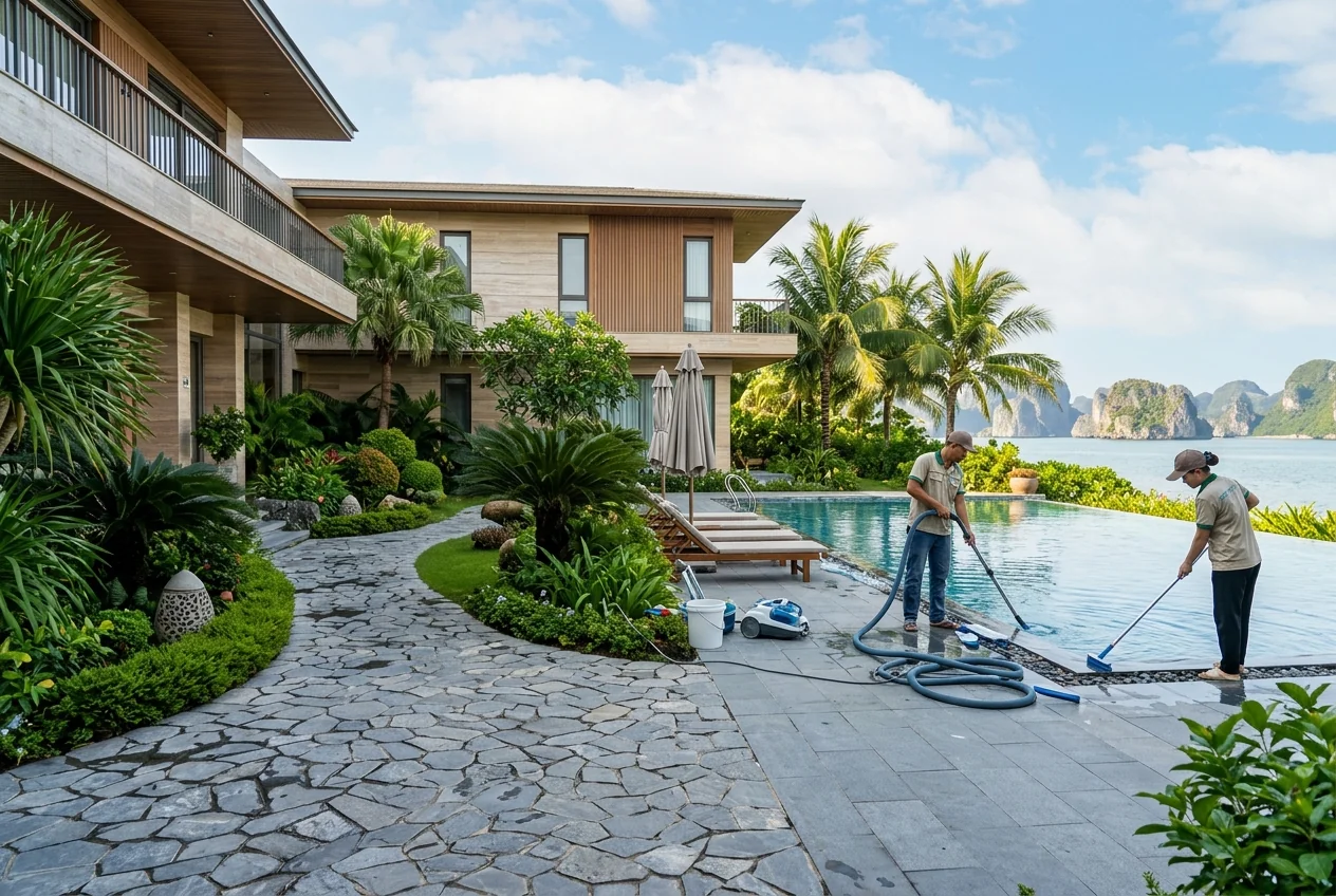 Vệ sinh ngoại thất biệt thự - sân vườn và bể bơi tại Hạ Long Vệ sinh sân vườn lát đá và bể bơi biệt thự tại Hạ Long