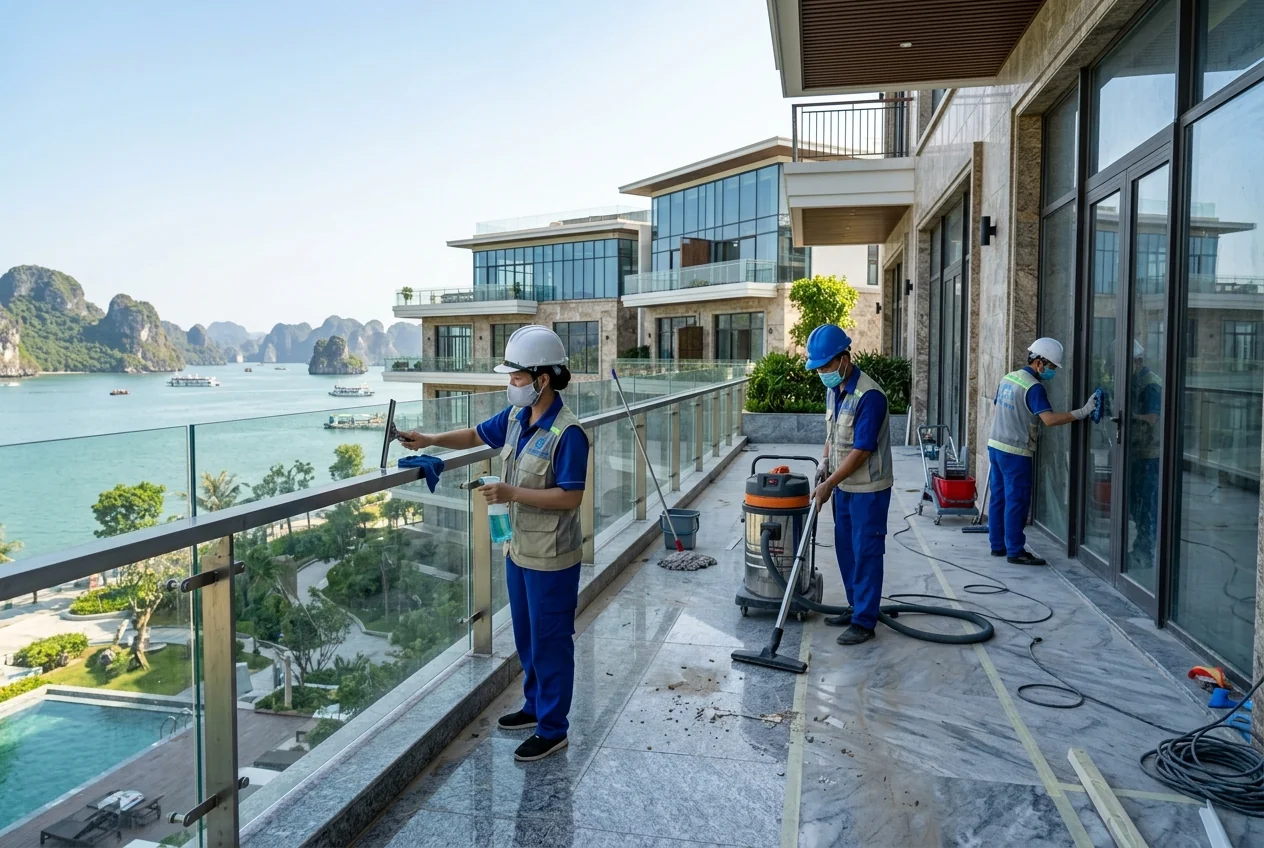 Vệ sinh sau xây dựng tại Tuần Châu - bàn giao sạch trước khai trương Vệ sinh sau xây dựng tại đảo Tuần Châu, Hạ Long - bụi xi măng và bề mặt cao cấp trước bàn giao