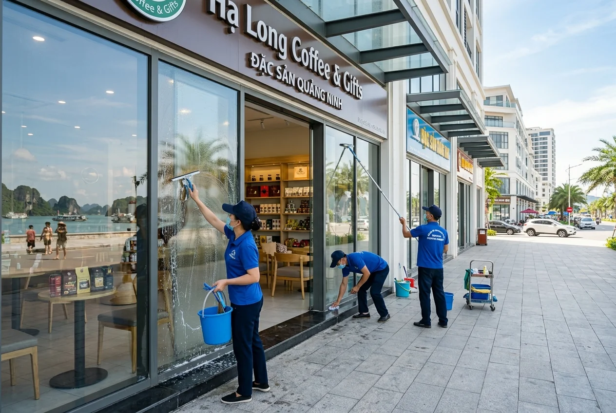 Vệ sinh shophouse Hạ Long - tầng thương mại và tầng dân cư Vệ sinh shophouse tại Hạ Long - kính mặt tiền, tầng thương mại và tầng dân cư
