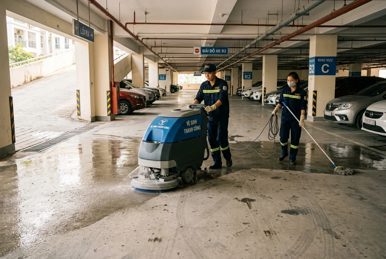 Vệ sinh tầng hầm và bãi đỗ xe chung cư Hạ Long Vệ sinh tầng hầm bãi đỗ xe chung cư Hạ Long - cọ sàn bê tông, hút dầu nhớt, khu vực sạch sẽ thoáng đãng