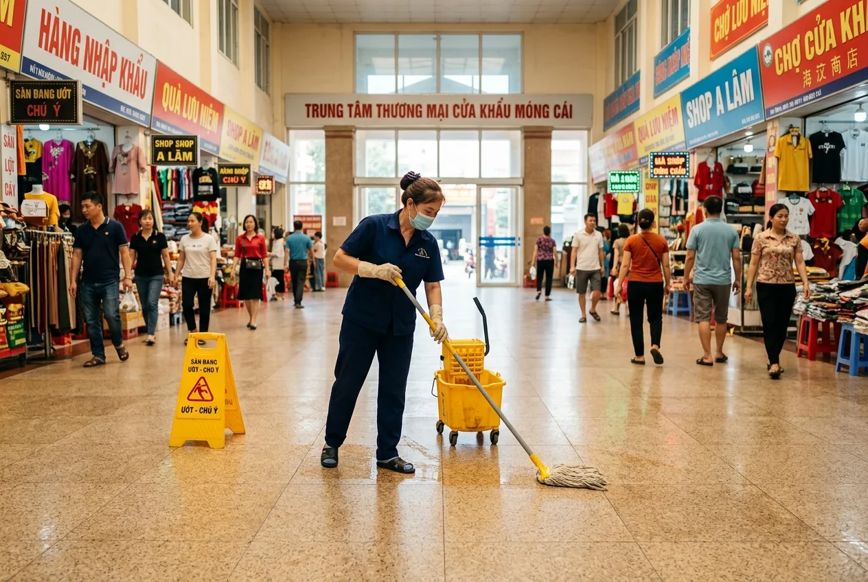 Vệ sinh trung tâm thương mại biên giới tại Móng Cái Vệ sinh trung tâm thương mại và chợ biên giới Móng Cái - sàn thương mại và khu vực công cộng