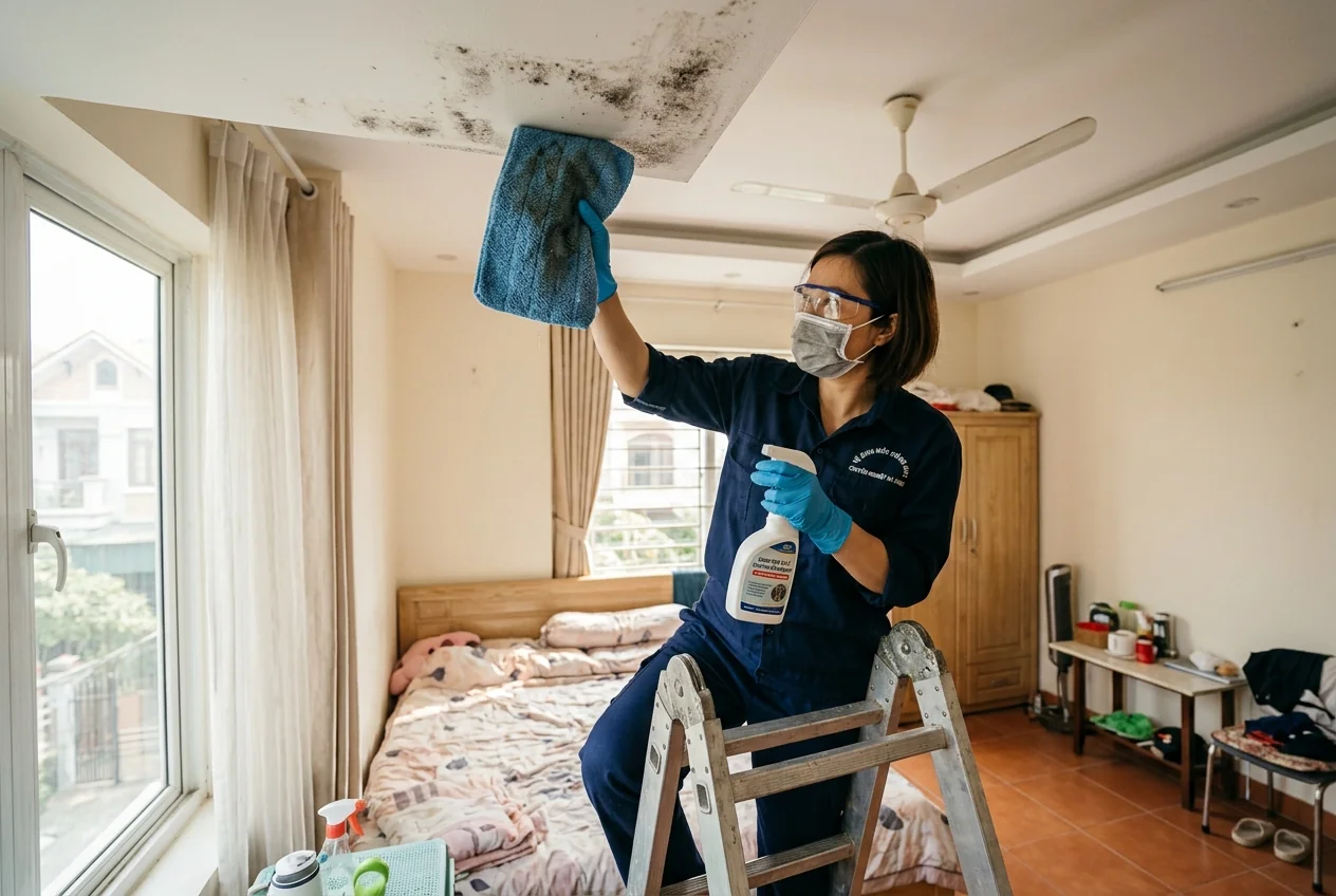 Xử lý mốc tường thạch cao - phương pháp đúng Kỹ thuật viên xử lý mốc tường thạch cao tại Hạ Long - hóa chất nhẹ, không làm ướt quá