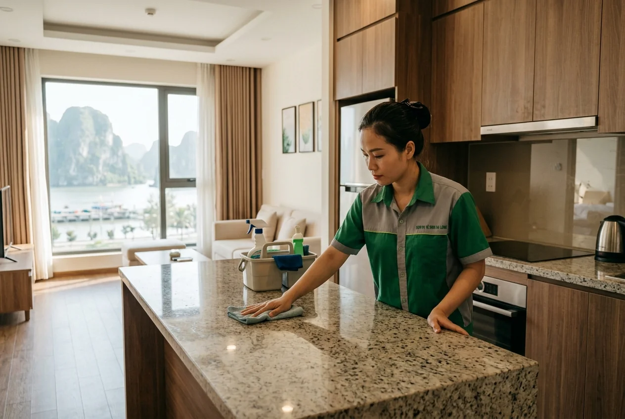 Yếu tố ảnh hưởng chi phí tạp vụ Hạ Long Các yếu tố ảnh hưởng giá tạp vụ tại Hạ Long - ca làm, hạng mục thêm, loại địa điểm, tần suất