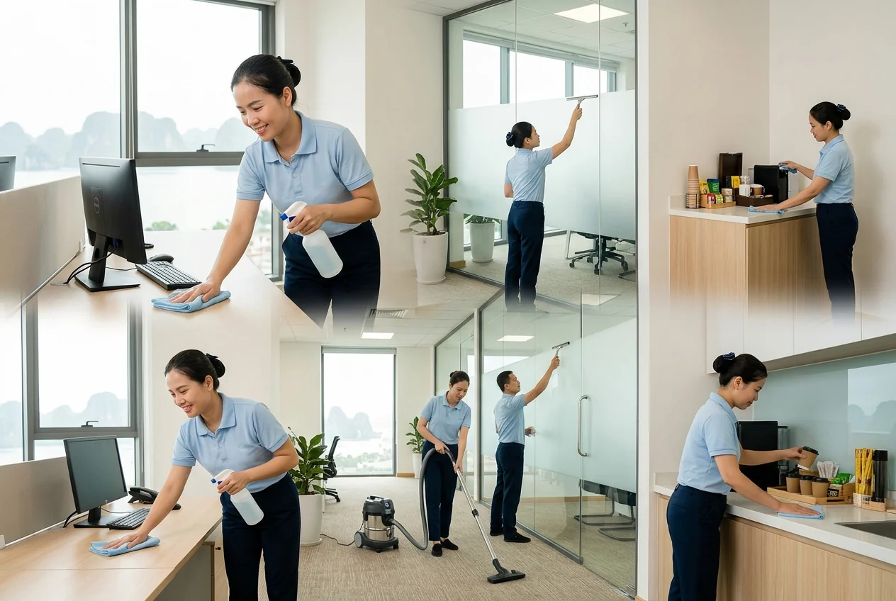 Hạng mục tạp vụ văn phòng hàng ngày tại Hạ Long Danh sách hạng mục tạp vụ văn phòng hàng ngày - quét lau sàn, vệ sinh WC, đổ rác, lau bàn