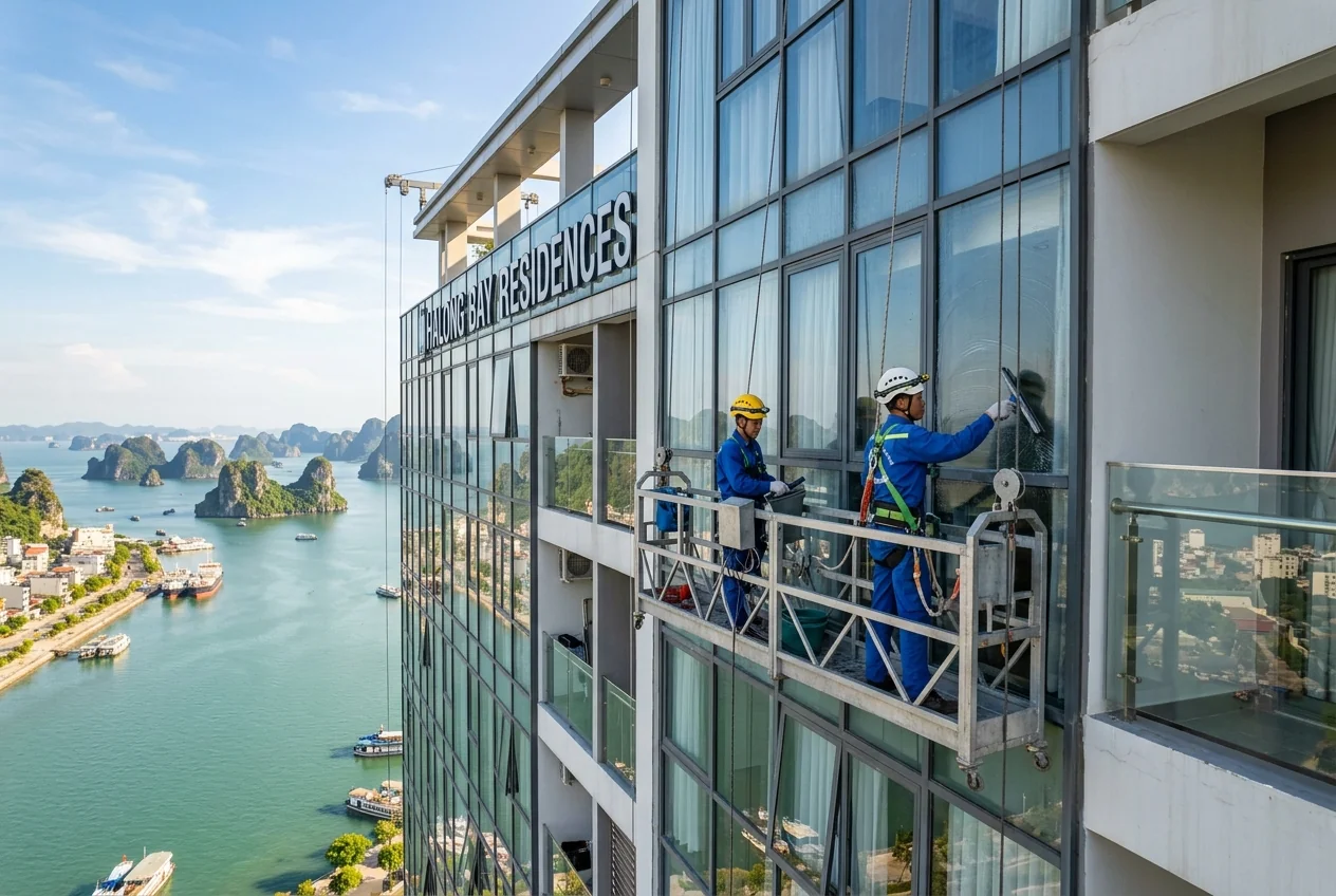 Lau kính tầng cao tòa nhà Hạ Long Lau kính tầng cao tòa nhà tại Hạ Long bằng gondola hoặc rope access