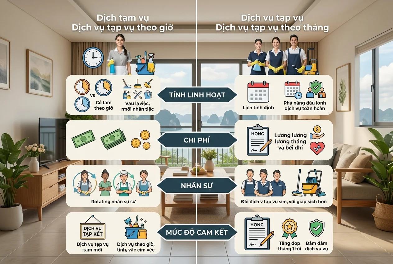 So sánh tạp vụ theo giờ và theo tháng So sánh tạp vụ theo giờ và theo tháng tại Hạ Long - linh hoạt, chi phí, ổn định nhân sự, cam kết