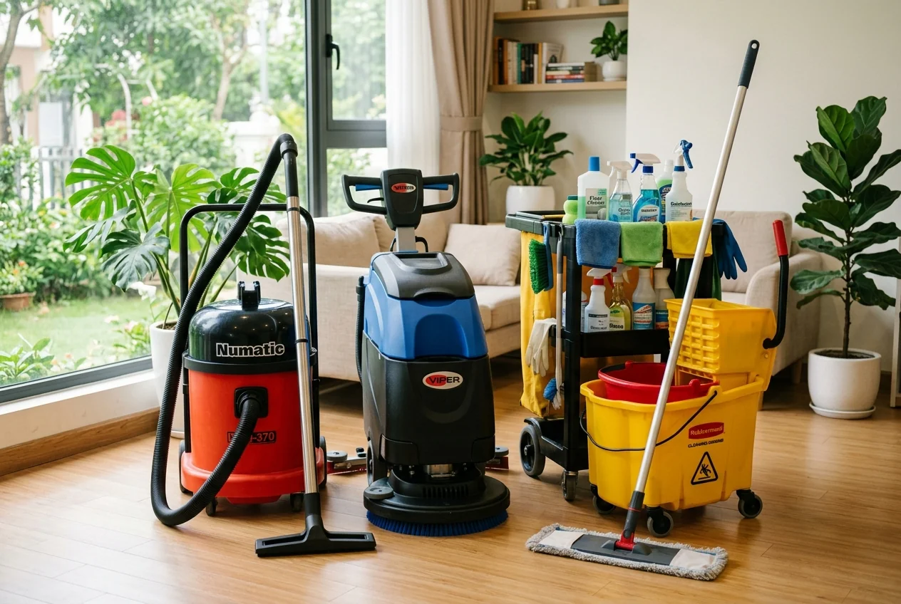 Thiết bị vệ sinh văn phòng chuyên dụng tại Hạ Long - máy hút bụi và dụng cụ lau kính