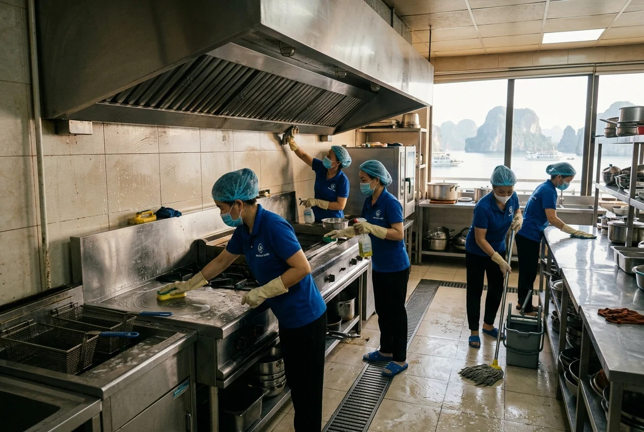 Vệ sinh bếp công nghiệp nhà hàng tại Hạ Long - tẩy dầu mỡ bám cứng trên inox và quạt hút
