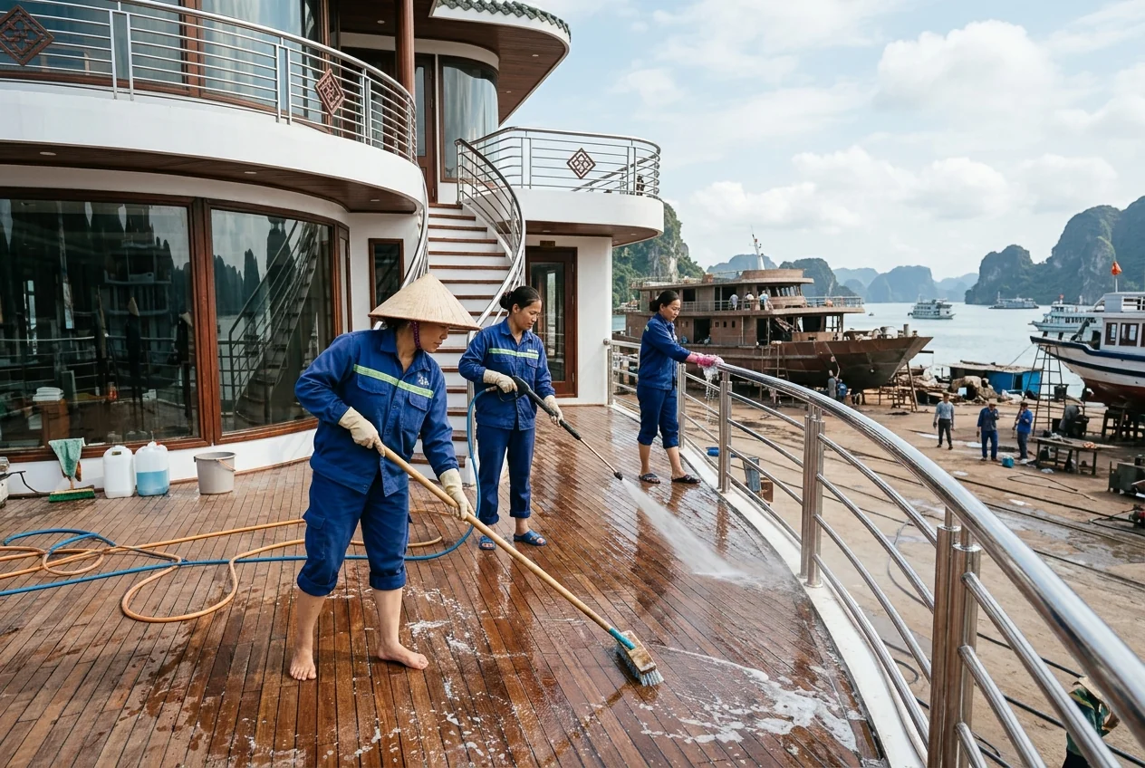 Vệ sinh boong tàu du lịch Hạ Long sau đóng mới Vệ sinh boong ngoài du thuyền Hạ Long sau đóng mới - xử lý mạt kim loại, sơn bắn, keo silicon dư