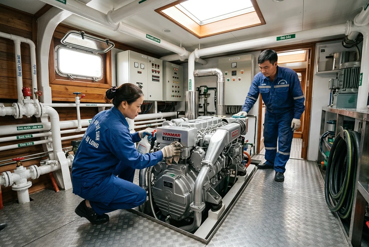 Vệ sinh buồng máy tàu du lịch Hạ Long Vệ sinh buồng máy tàu du lịch Hạ Long - xử lý dầu diesel, nhớt thủy lực và mạt kim loại sau sửa chữa