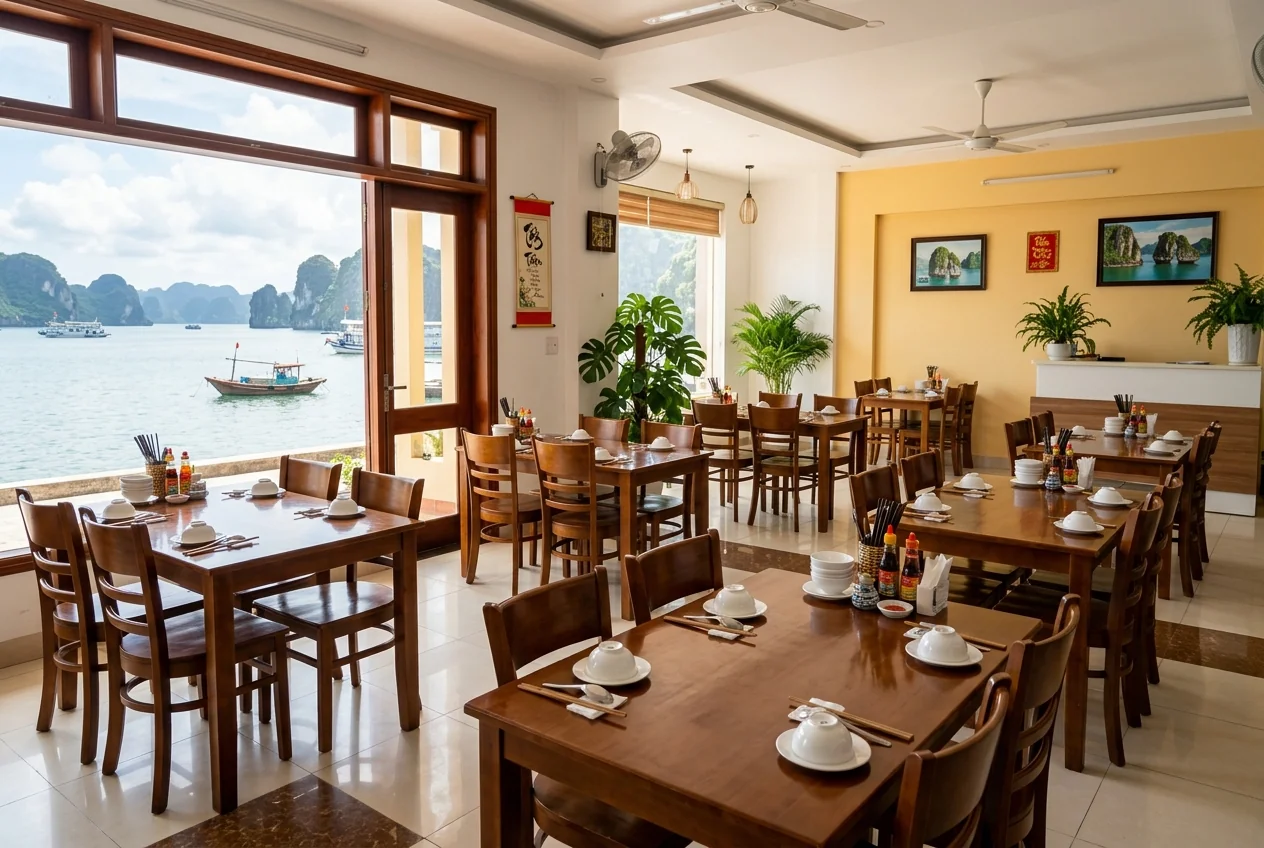 Khu ăn uống nhà hàng sạch bóng sau khi được vệ sinh chuyên nghiệp tại Hạ Long