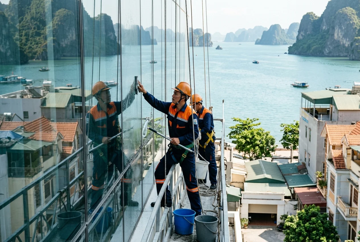 Vệ sinh kính mặt tiền tòa nhà Hạ Long Vệ sinh kính mặt tiền tòa nhà cao tầng tại Hạ Long