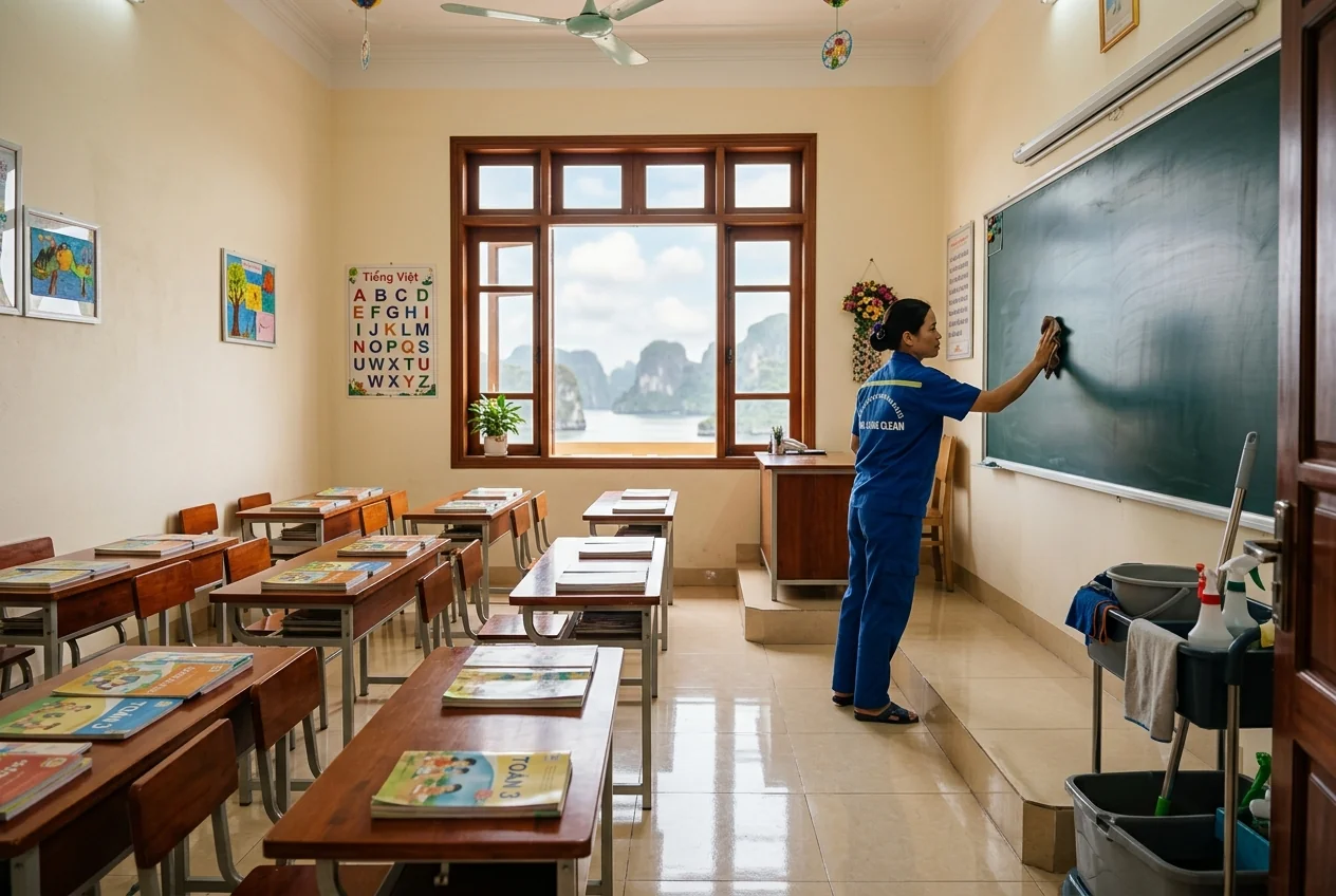 Vệ sinh lớp học Hạ Long Vệ sinh lớp học trường tiểu học tại Hạ Long - bàn ghế học sinh, sàn và bảng