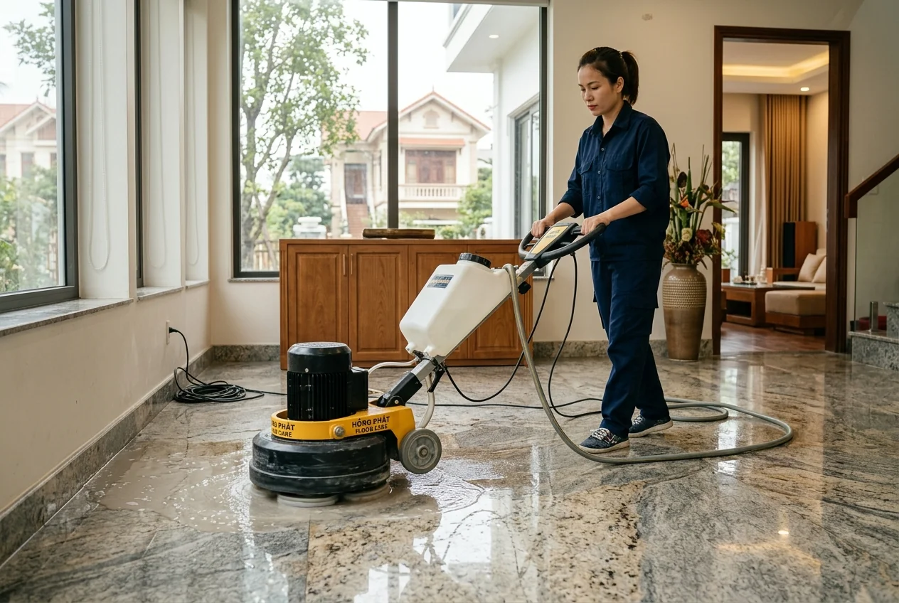 Đánh bóng sàn đá granite tòa nhà Hạ Long Máy đánh bóng sàn đá granite tại tòa nhà văn phòng Hạ Long