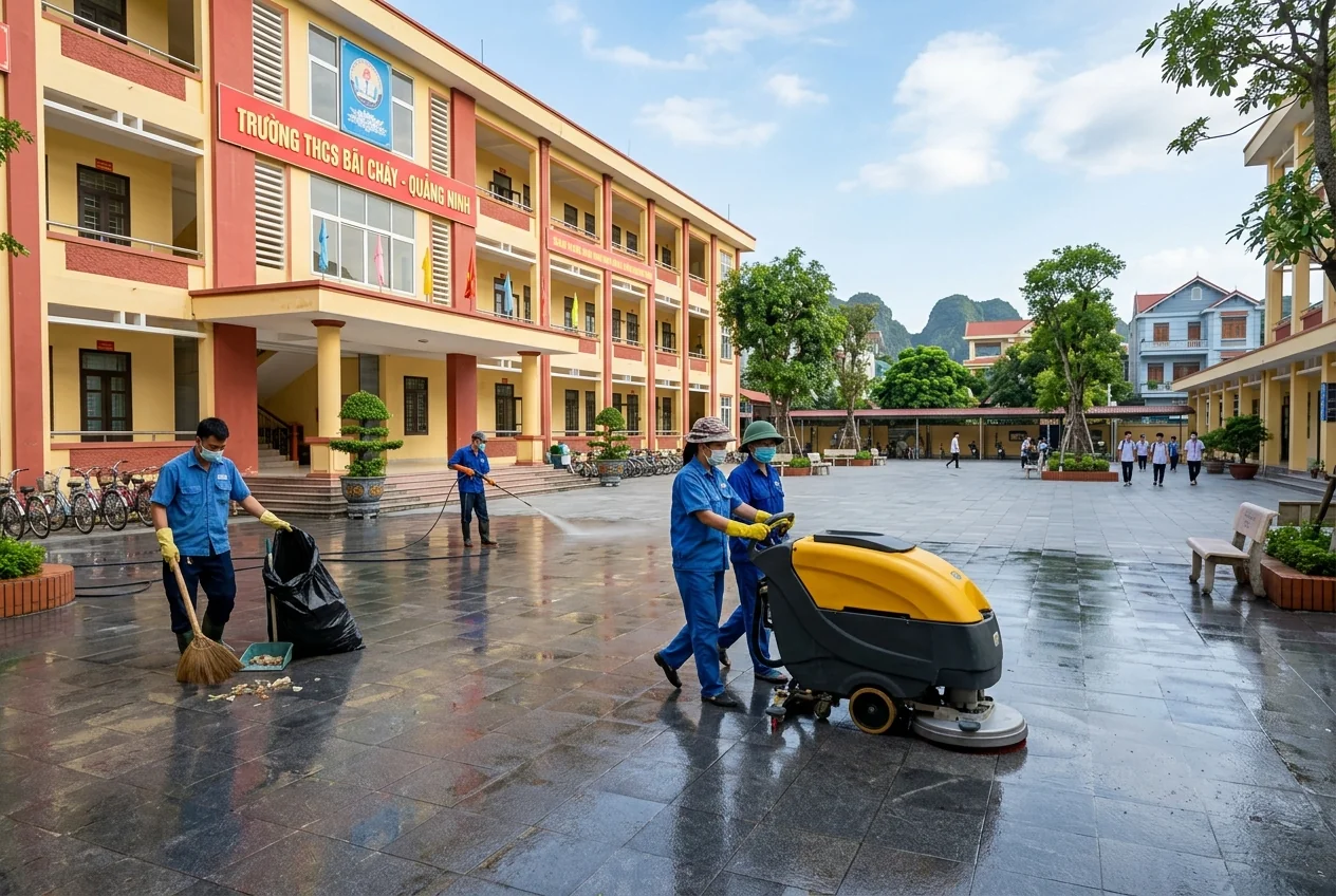 Vệ sinh sân trường Hạ Long Sân trường học tại Hạ Long sạch sẽ sau khi được vệ sinh chuyên nghiệp
