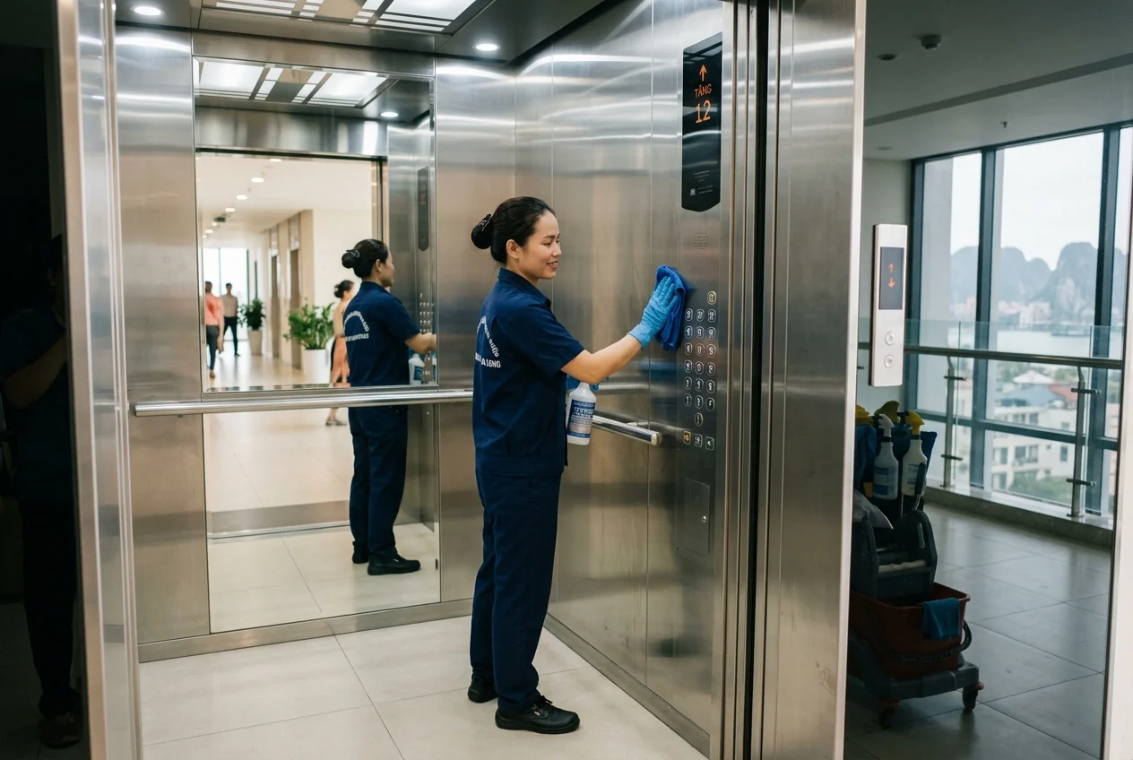 Vệ sinh thang máy inox tòa nhà Hạ Long Vệ sinh thang máy inox tại tòa nhà văn phòng Hạ Long