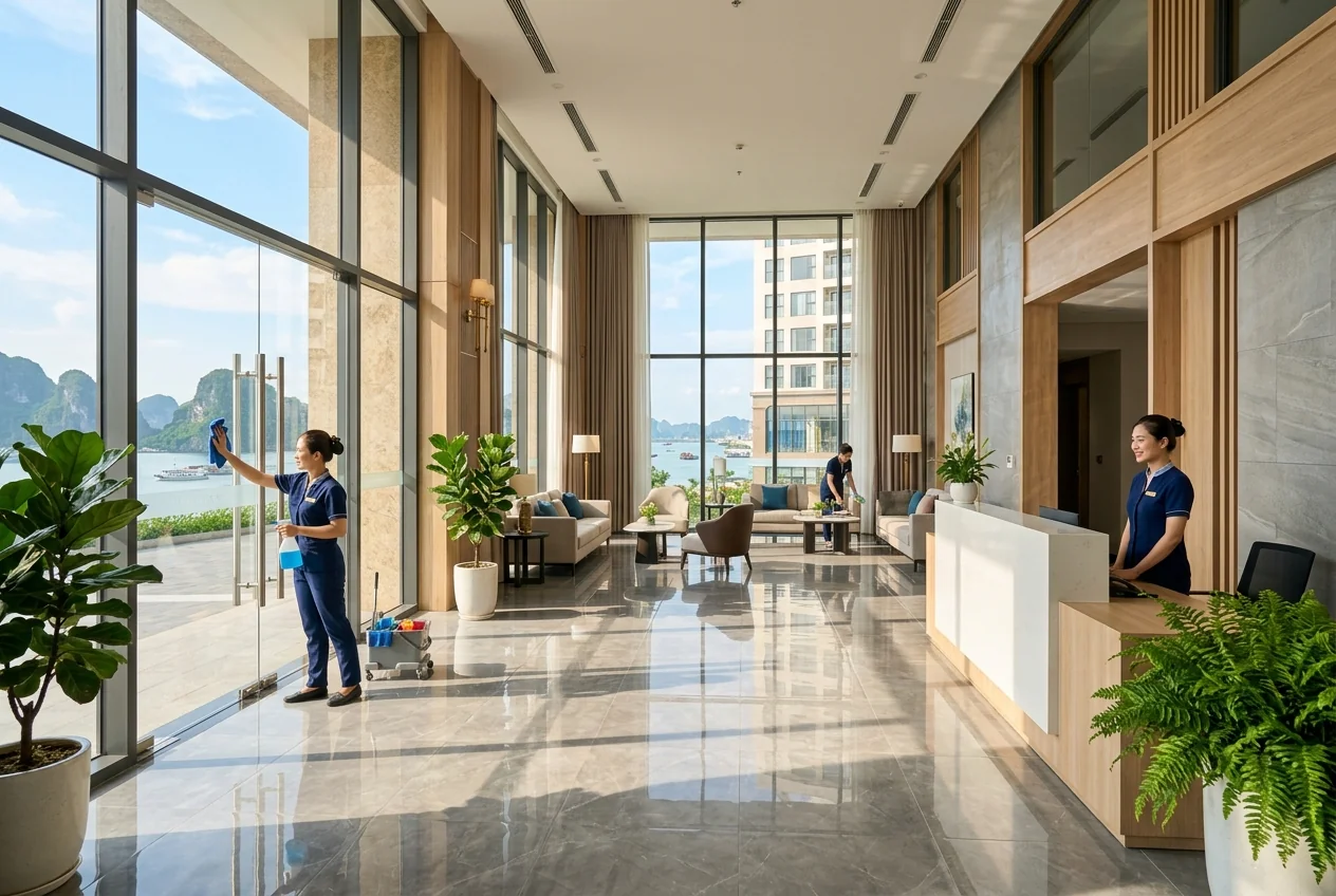 Vệ sinh tòa nhà Hạ Long - Sảnh, kính, thang máy Đội ngũ vệ sinh đang làm sạch sảnh chính tòa nhà thương mại tại Hạ Long