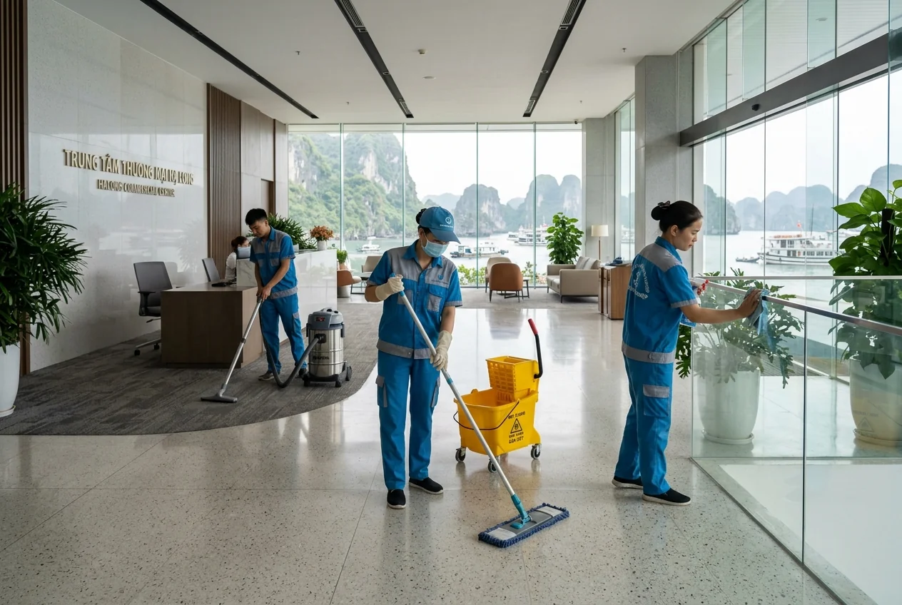 Vệ sinh khu vực chung tòa nhà văn phòng tại Hạ Long